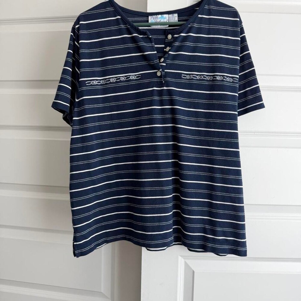 vintage Palm Harbour navy blue with white horizontal striped polyester & cotton
